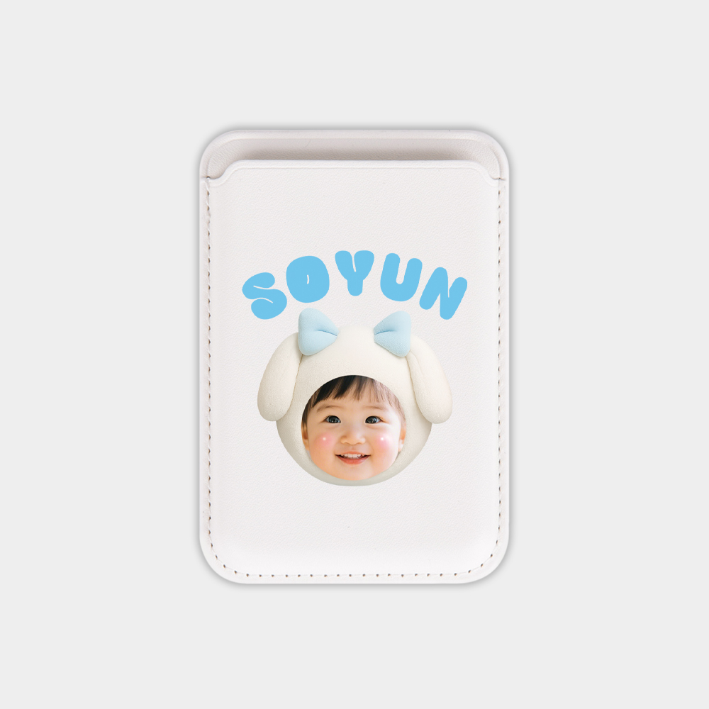 우리 아이 커스텀 카드지갑 · 리본멍뭉 · 핑크/하늘 — 리본을 얹은 사랑스러운 얼굴